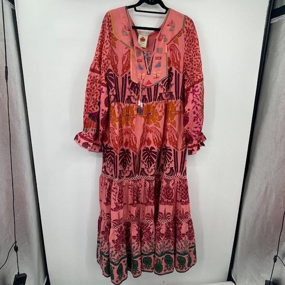 Farm Rio Womens Dress XL Ainika Print Macaws Maxi Dress Puff Sleeve Tassel Tie - Picture 2 of 16